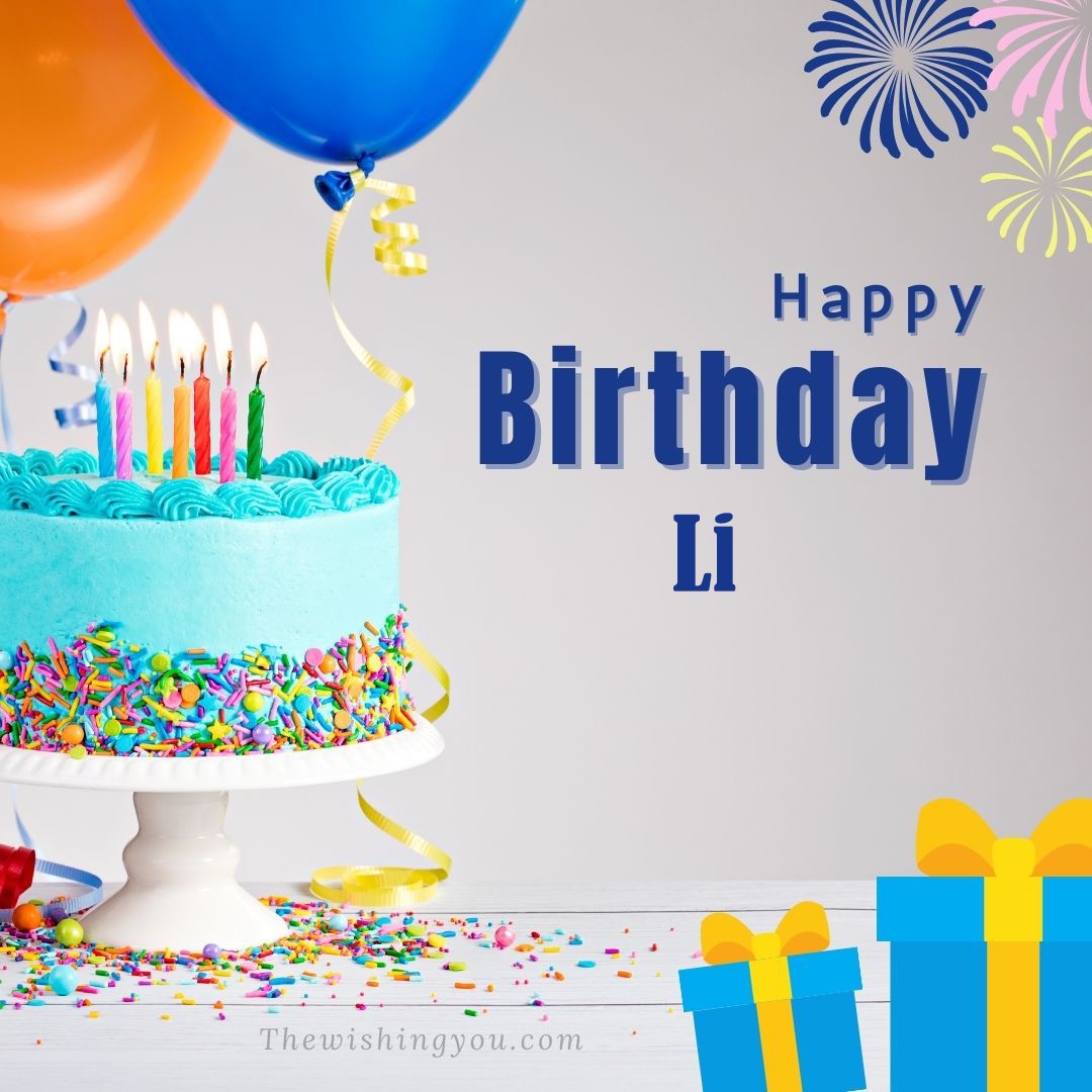 Happy birthday Li written on image Green cake keep on White stand and blue gift boxes with Yellow ribon with Sky background
