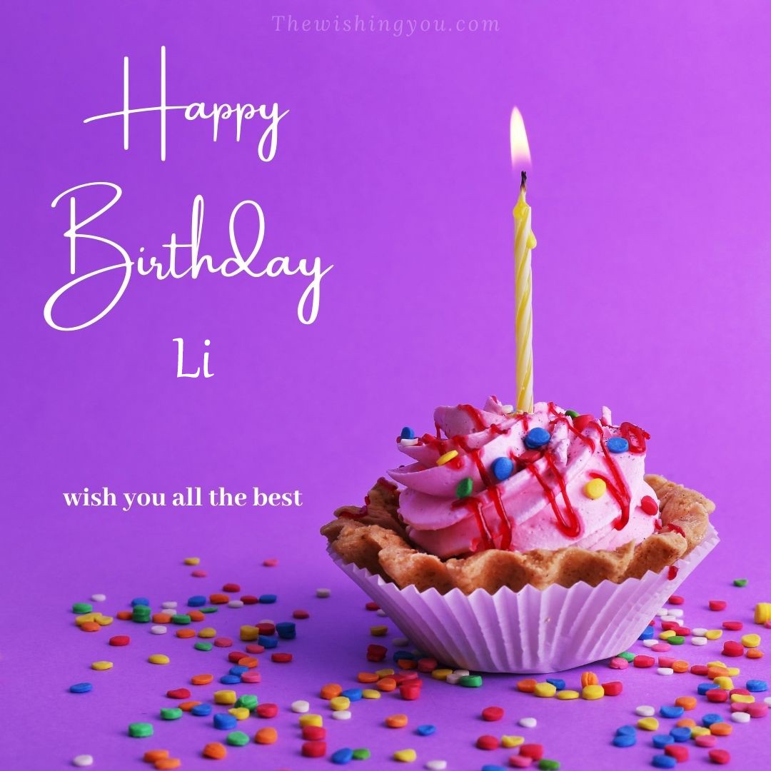 Happy birthday Li written on image cup cake burning candle Purple background