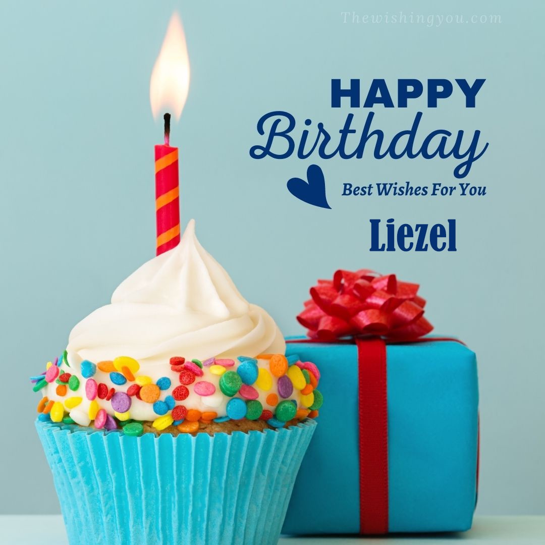 Happy birthday Liezel written on image Blue Cup cake and burning candle blue Gift boxes with red ribon