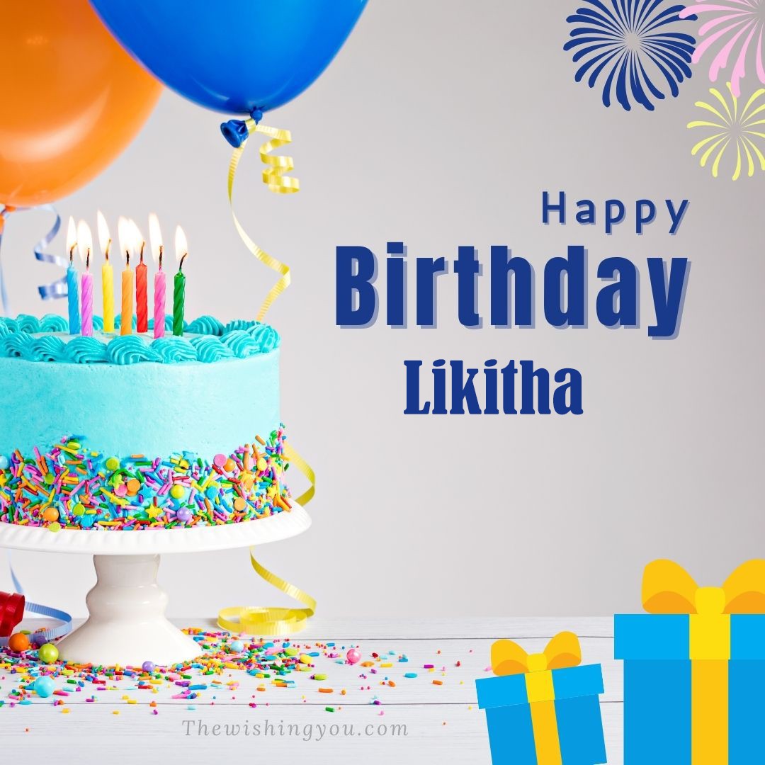 Happy birthday Likitha written on image Green cake keep on White stand and blue gift boxes with Yellow ribon with Sky background