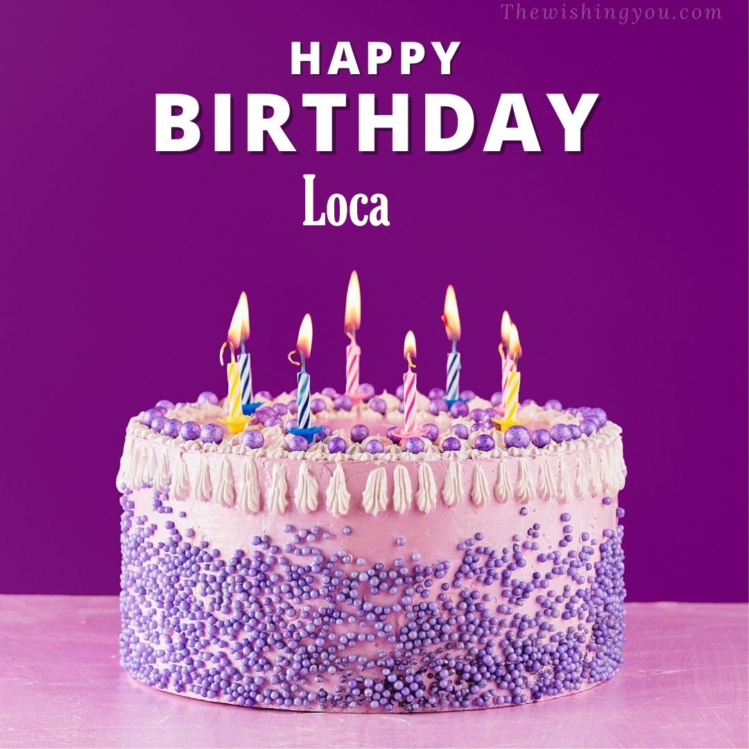 Happy birthday Loca written on image White and blue cake and burning candles Violet background
