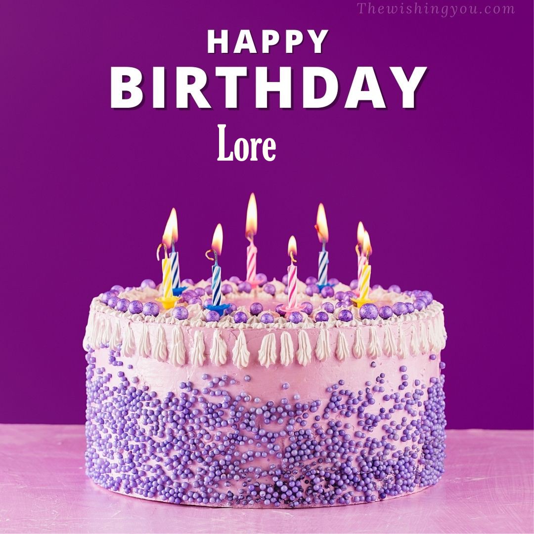 Happy birthday Lore written on image White and blue cake and burning candles Violet background
