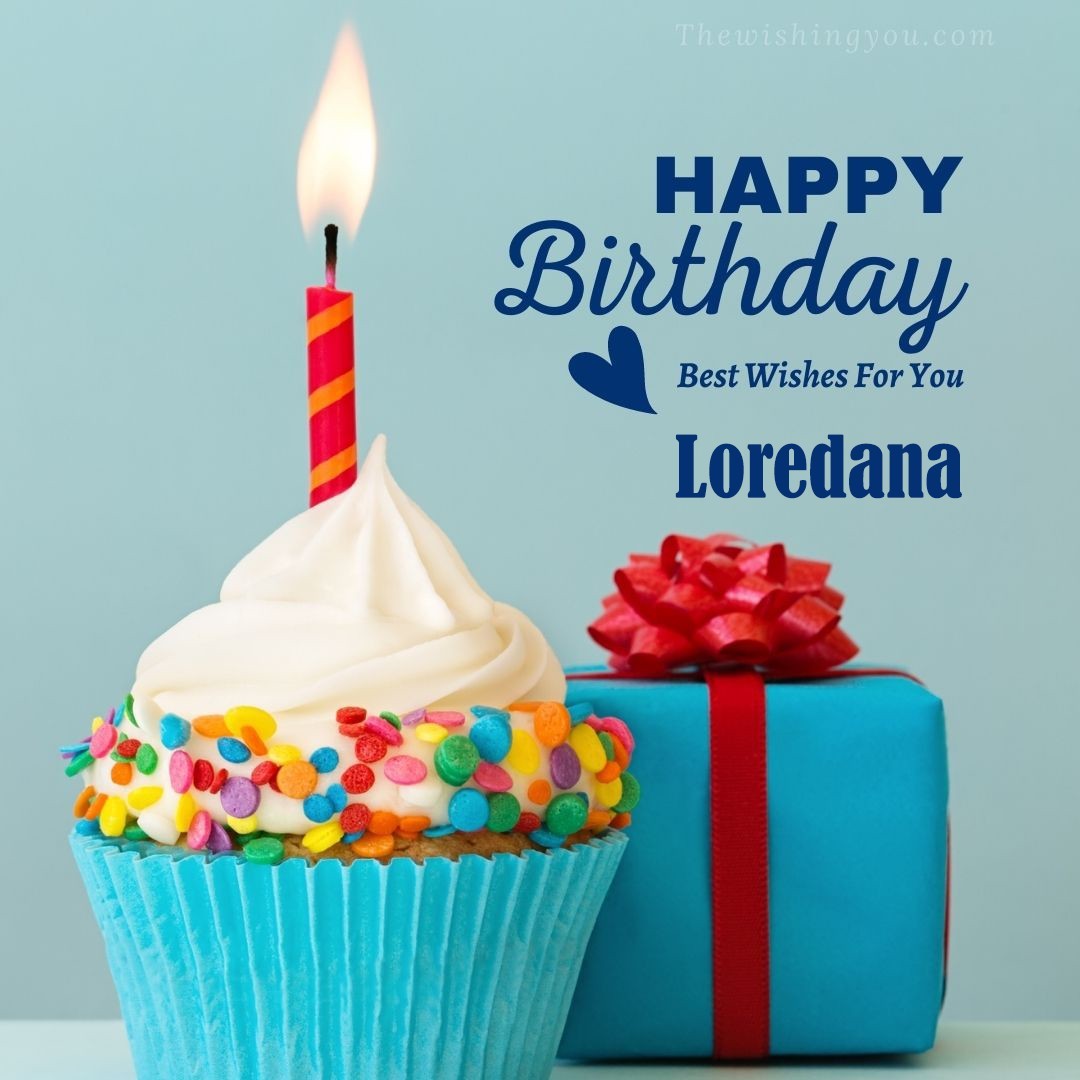 Happy birthday Loredana written on image Blue Cup cake and burning candle blue Gift boxes with red ribon