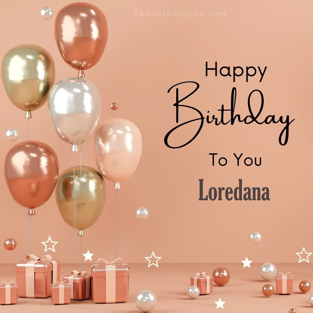 Happy birthday Loredana written on image Light Yello and white and pink Balloons with many gift box Pink Background