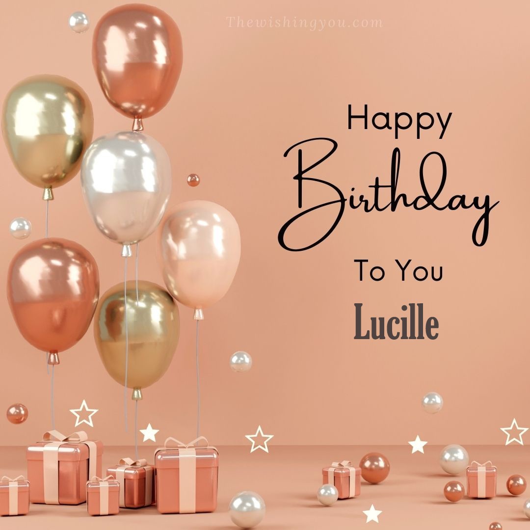 Happy birthday Lucille written on image Light Yello and white and pink Balloons with many gift box Pink Background