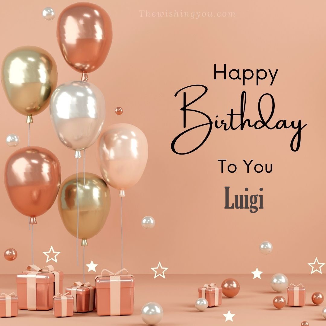 Happy birthday Luigi written on image Light Yello and white and pink Balloons with many gift box Pink Background
