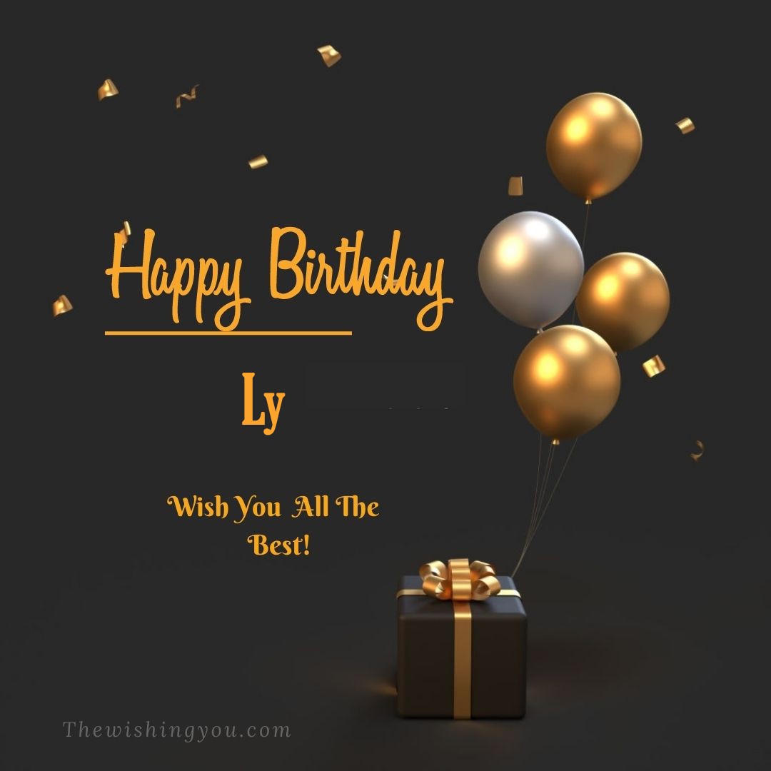 Happy birthday Ly written on image Light Yello and white Balloons with gift box Dark Background