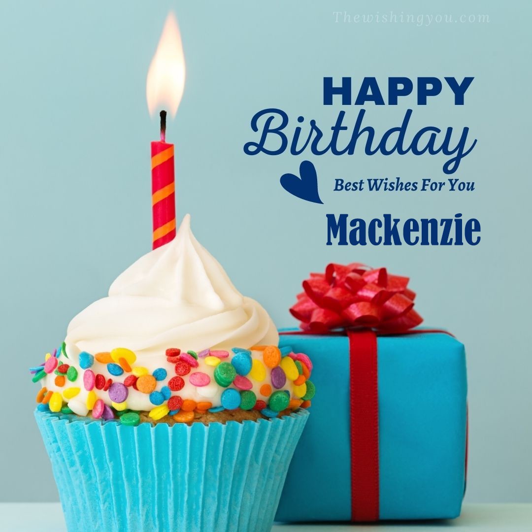 Happy birthday Mackenzie written on image Blue Cup cake and burning candle blue Gift boxes with red ribon
