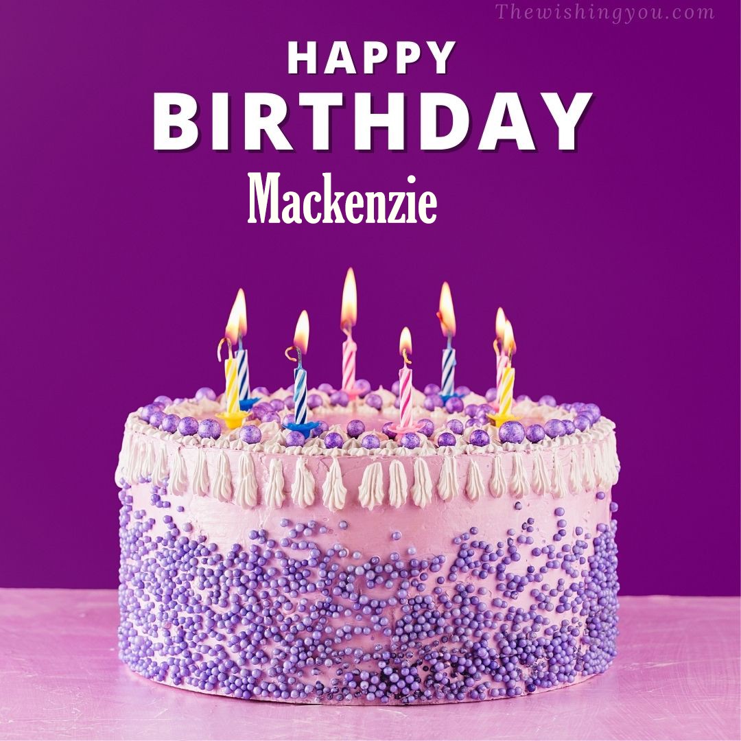 Happy birthday Mackenzie written on image White and blue cake and burning candles Violet background