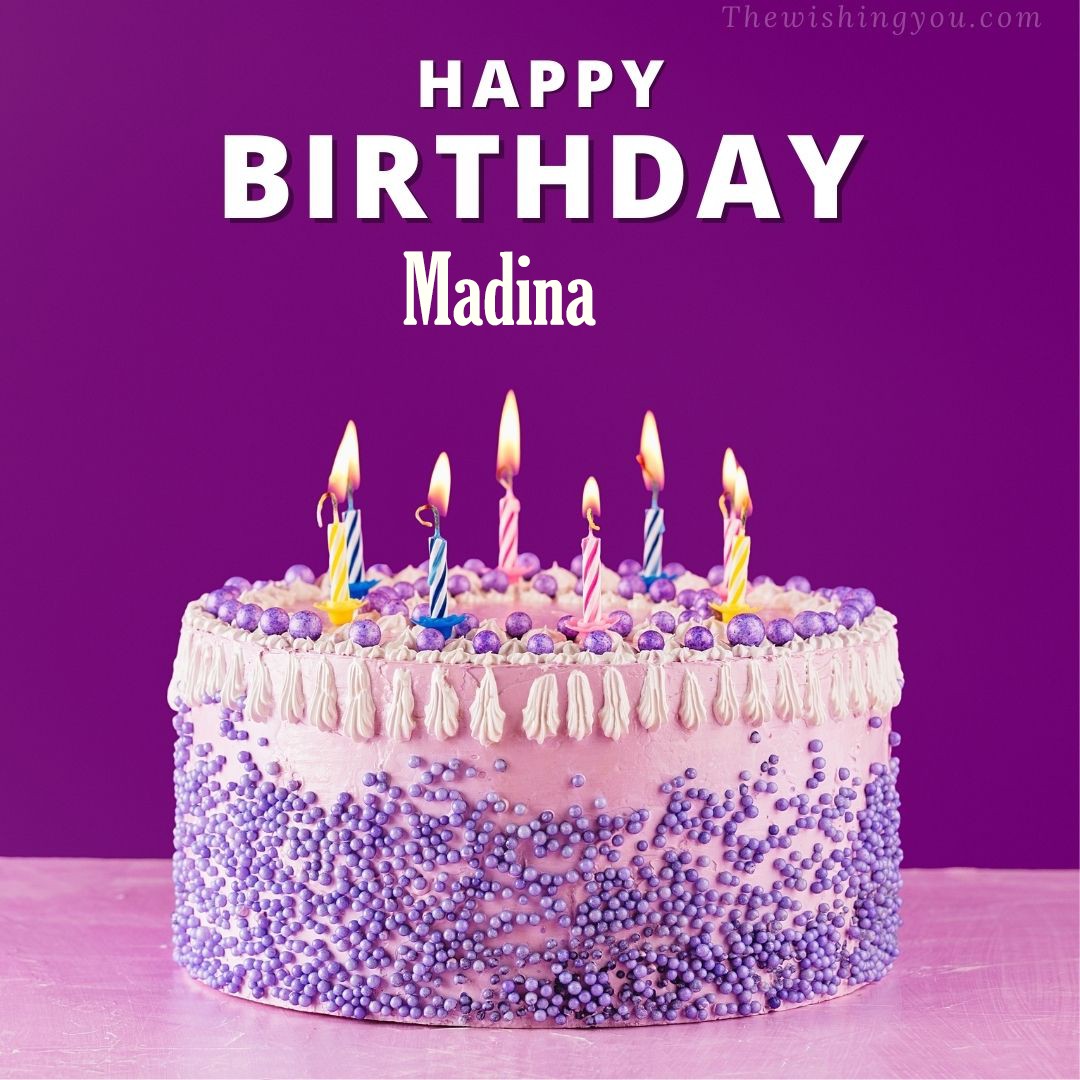 Happy birthday Madina written on image White and blue cake and burning candles Violet background