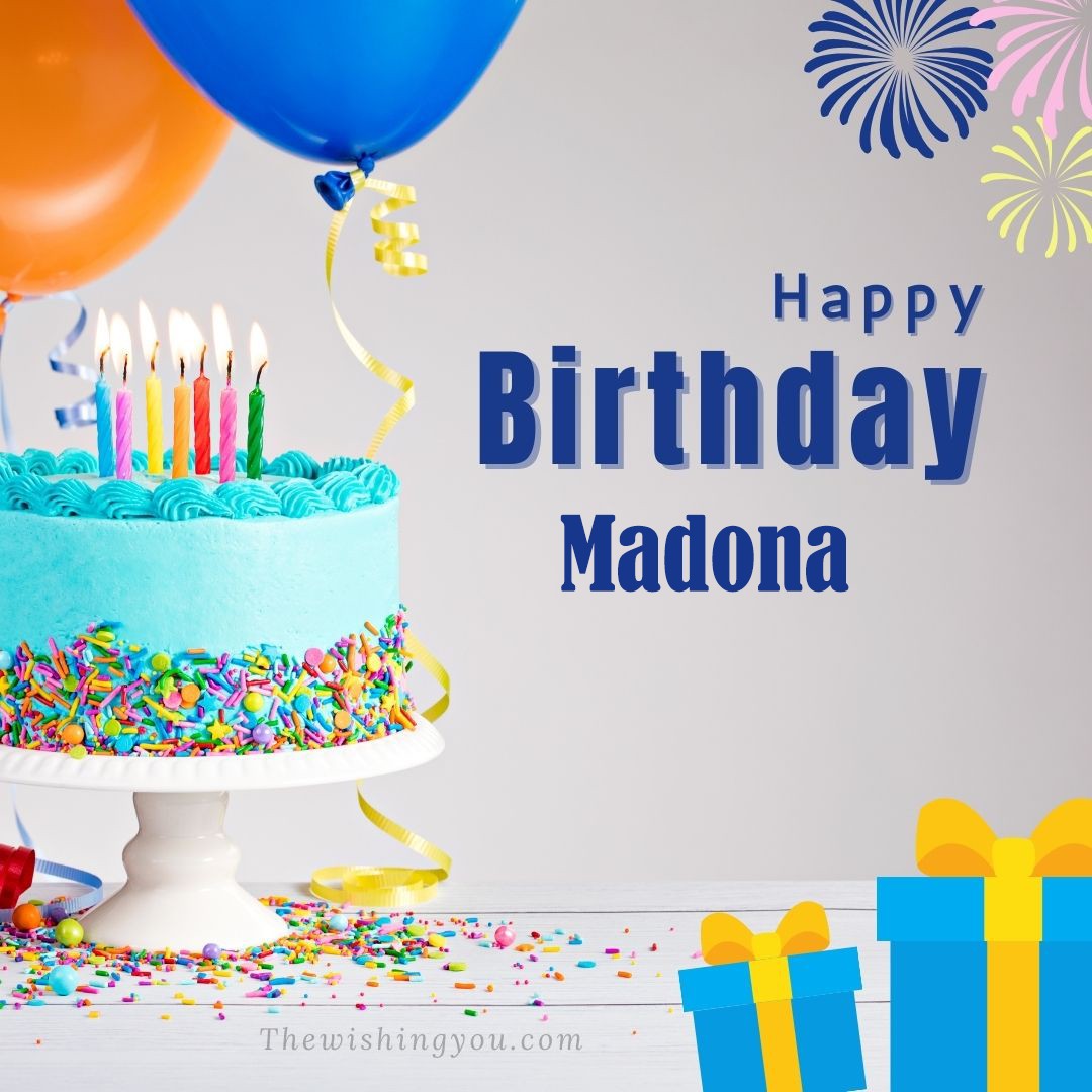 Happy birthday Madona written on image Green cake keep on White stand and blue gift boxes with Yellow ribon with Sky background