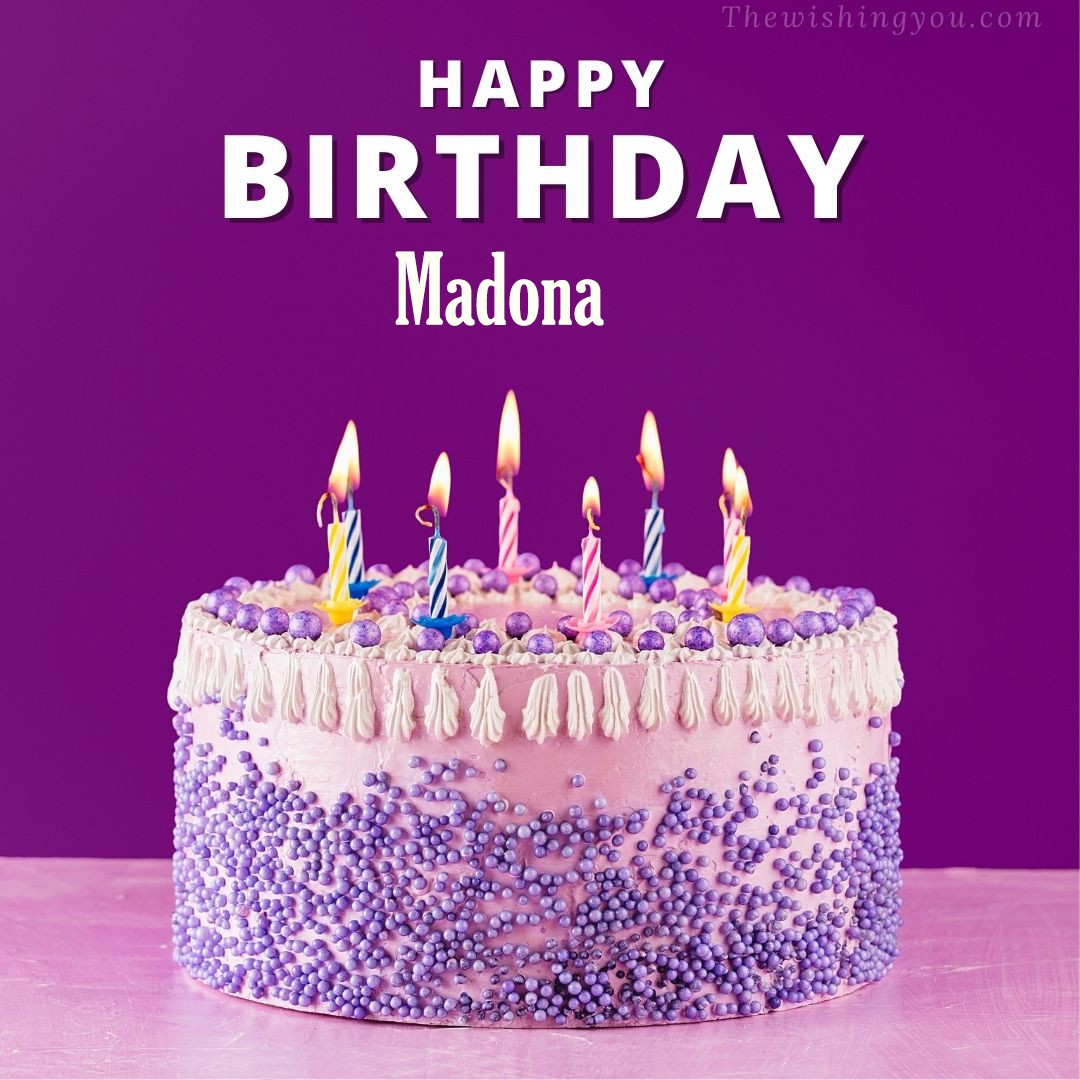 Happy birthday Madona written on image White and blue cake and burning candles Violet background
