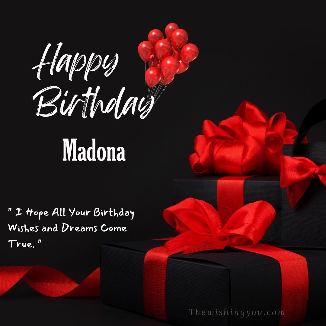 Happy birthday Madona written on image red ballons and gift box with red ribbon Dark Black background