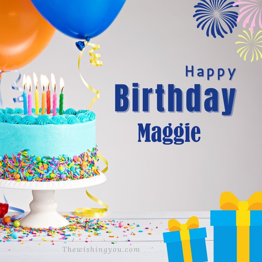 Happy birthday Maggie written on image Green cake keep on White stand and blue gift boxes with Yellow ribon with Sky background