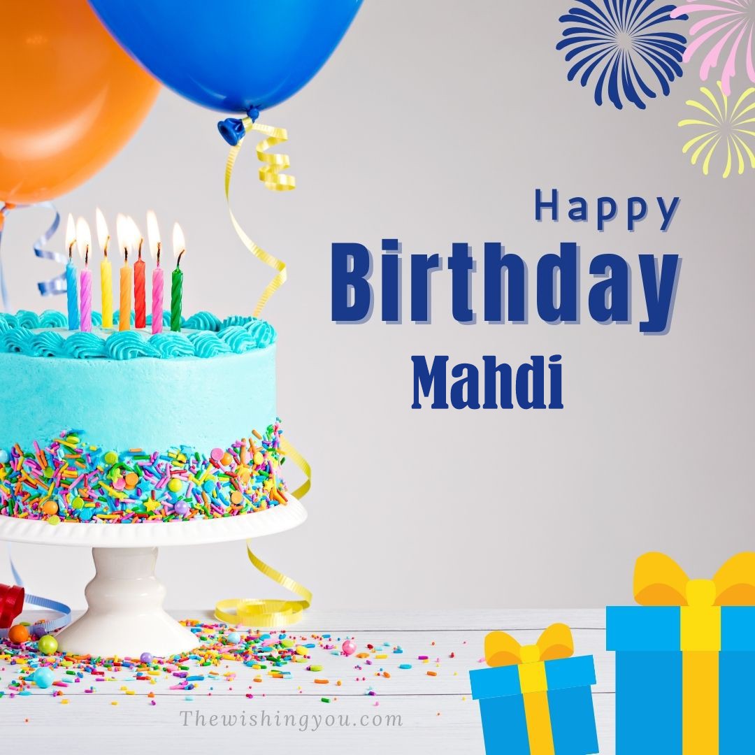 Happy birthday Mahdi written on image Green cake keep on White stand and blue gift boxes with Yellow ribon with Sky background