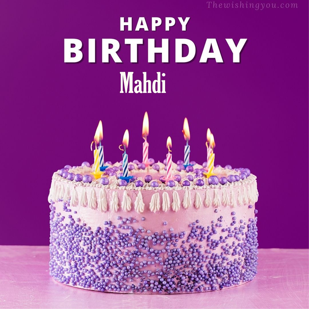 Happy birthday Mahdi written on image White and blue cake and burning candles Violet background