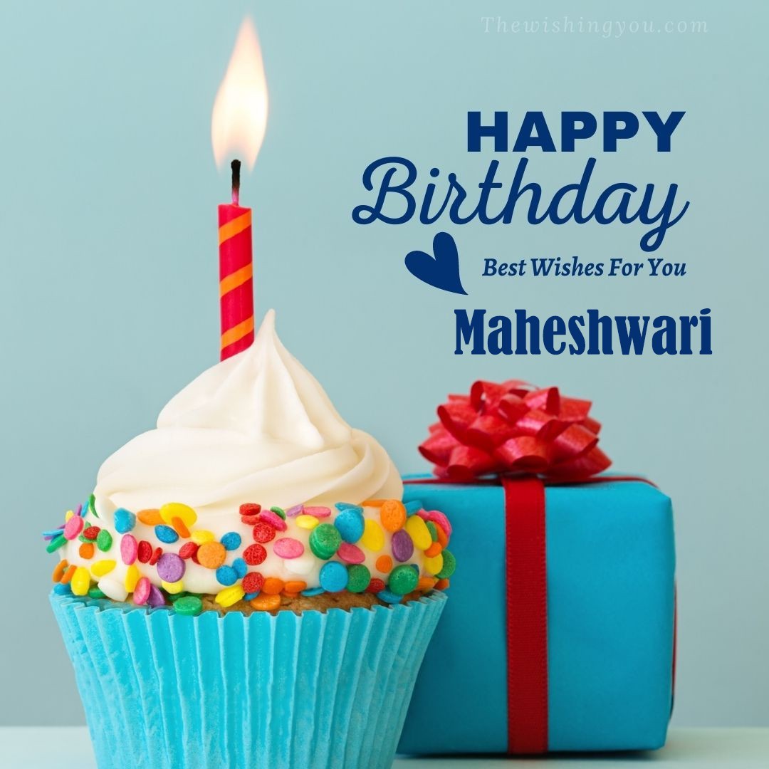 Happy birthday Maheshwari written on image Blue Cup cake and burning candle blue Gift boxes with red ribon