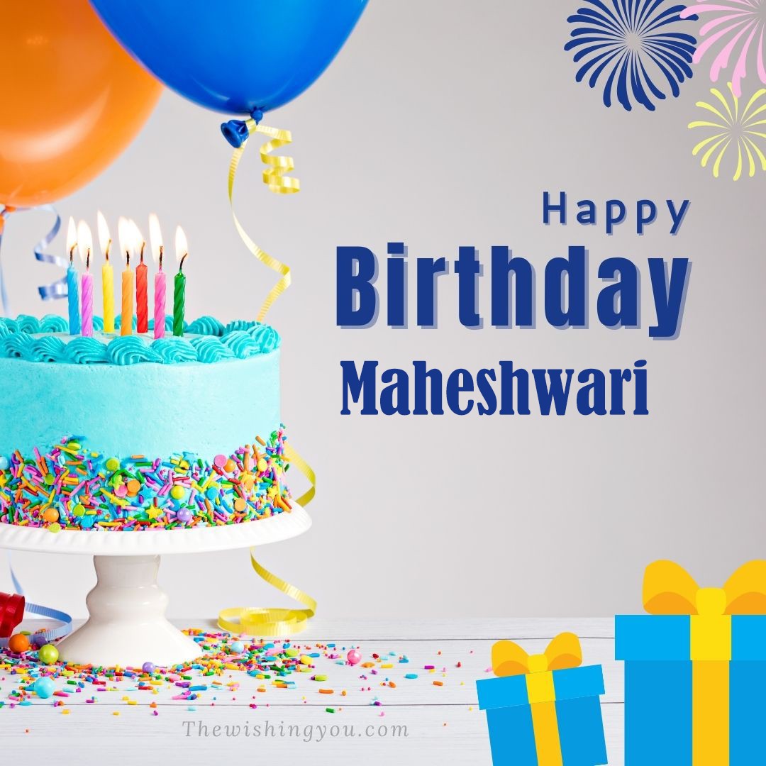 Happy birthday Maheshwari written on image Green cake keep on White stand and blue gift boxes with Yellow ribon with Sky background