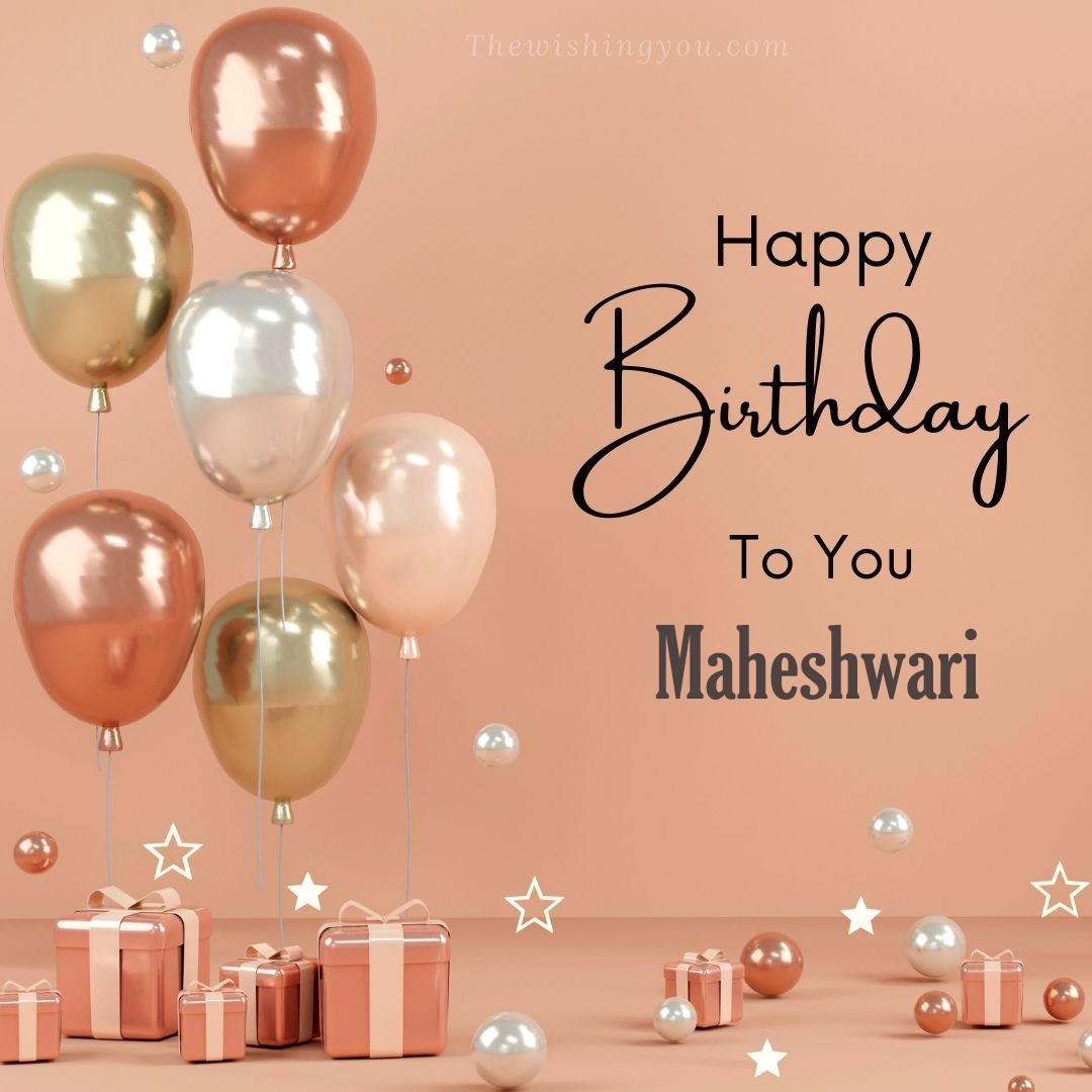 Happy birthday Maheshwari written on image Light Yello and white and pink Balloons with many gift box Pink Background