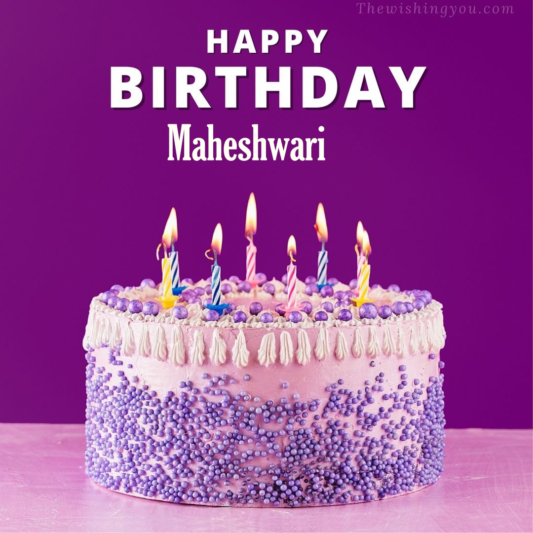Happy birthday Maheshwari written on image White and blue cake and burning candles Violet background