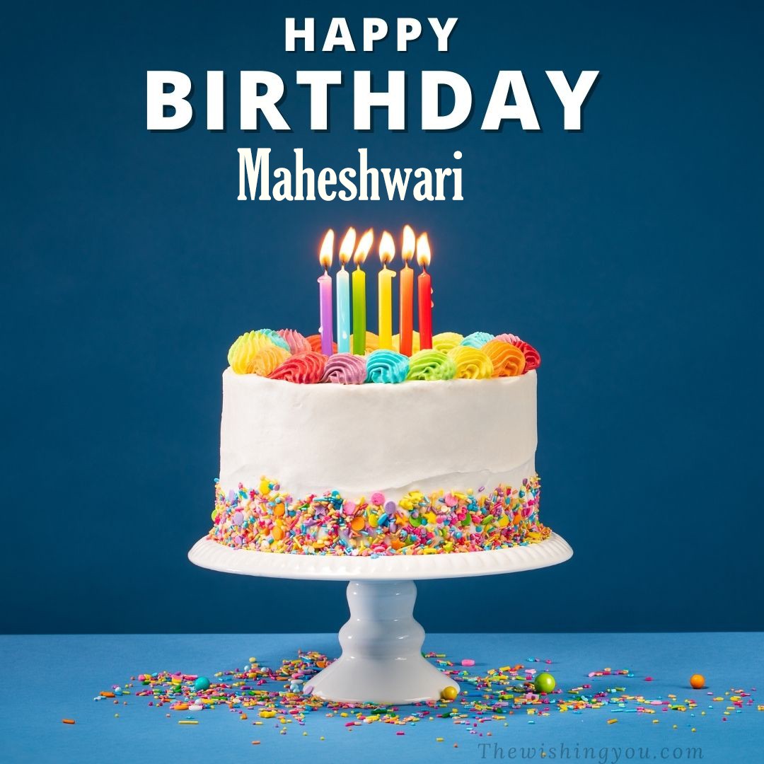 Happy birthday Maheshwari written on image White cake keep on White stand and burning candles Sky background