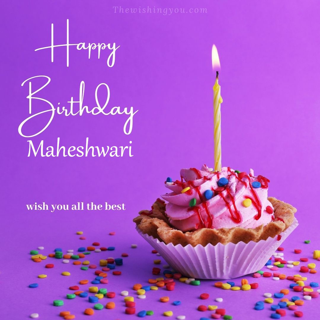 Happy birthday Maheshwari written on image cup cake burning candle Purple background