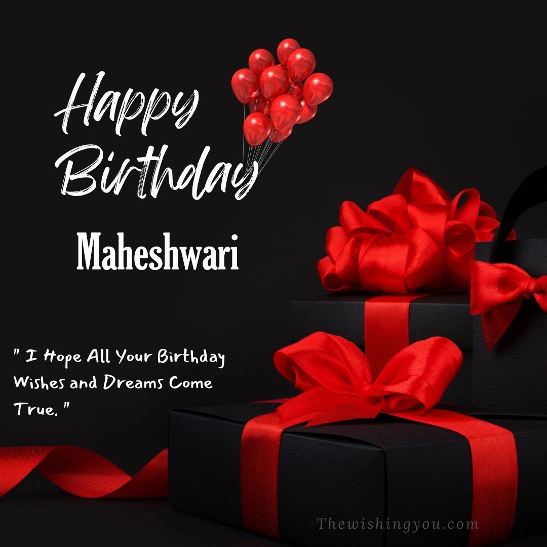 Happy birthday Maheshwari written on image red ballons and gift box with red ribbon Dark Black background