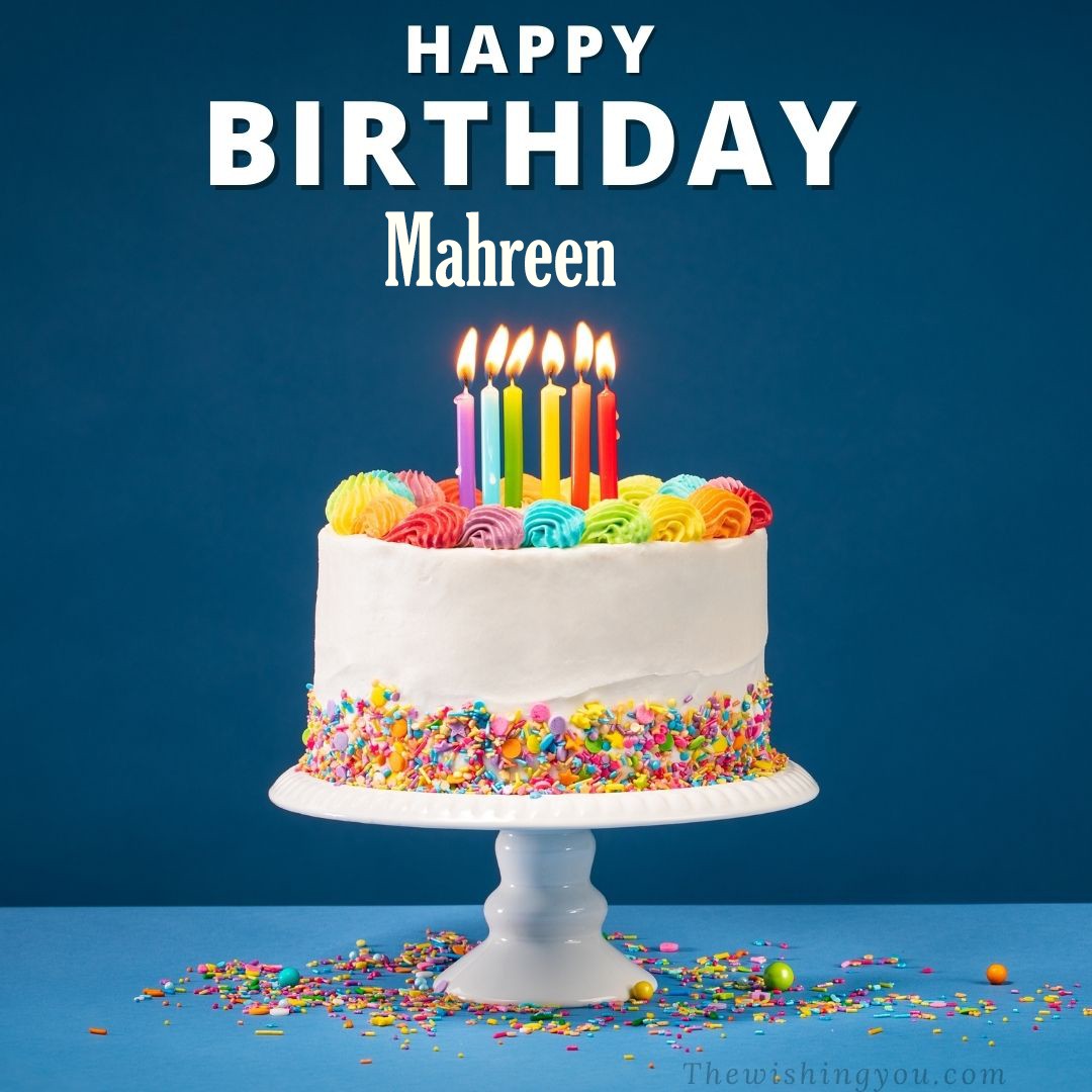 Happy birthday Mahreen written on image White cake keep on White stand and burning candles Sky background