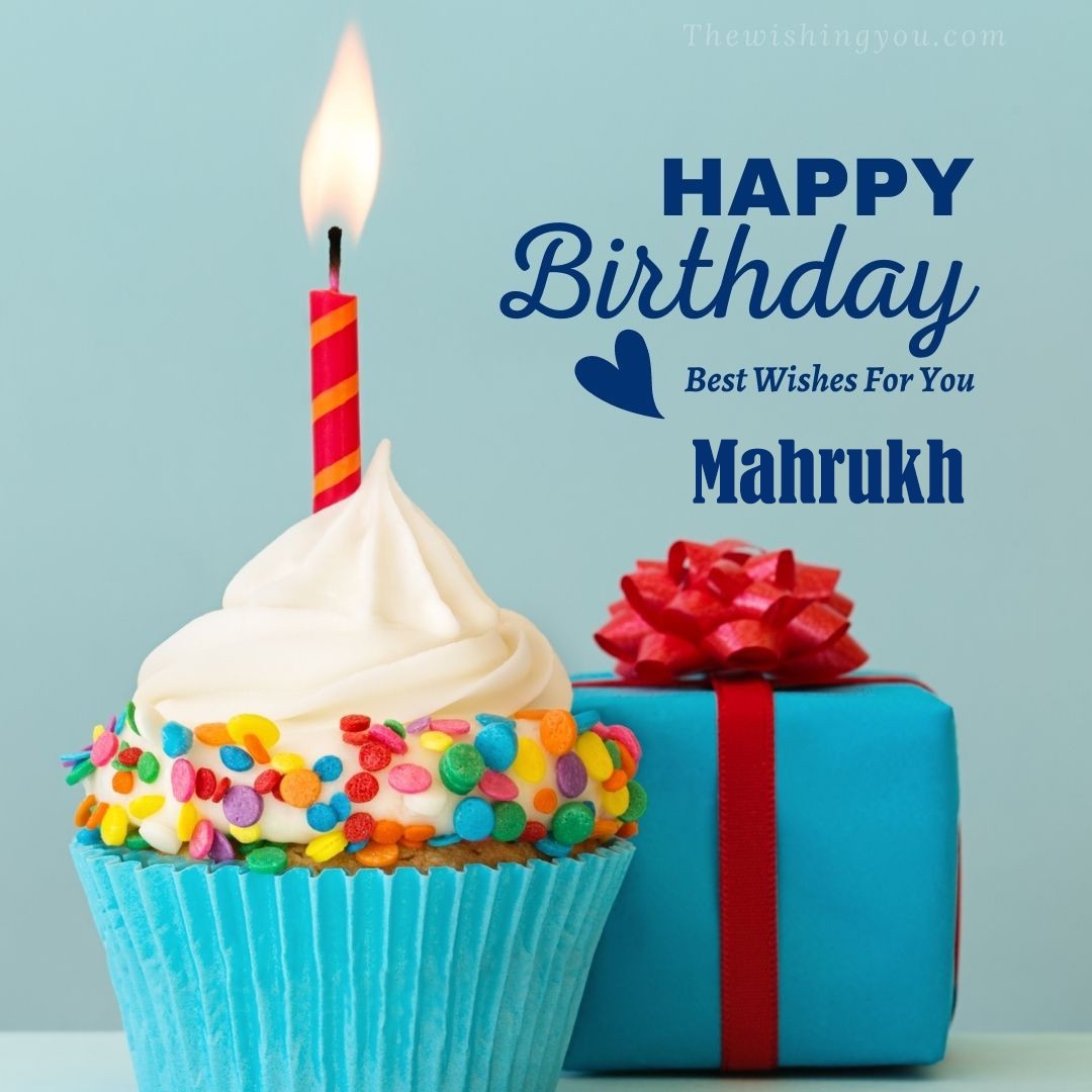 Happy birthday Mahrukh written on image Blue Cup cake and burning candle blue Gift boxes with red ribon