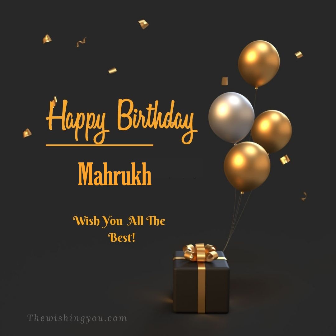 Happy birthday Mahrukh written on image Light Yello and white Balloons with gift box Dark Background