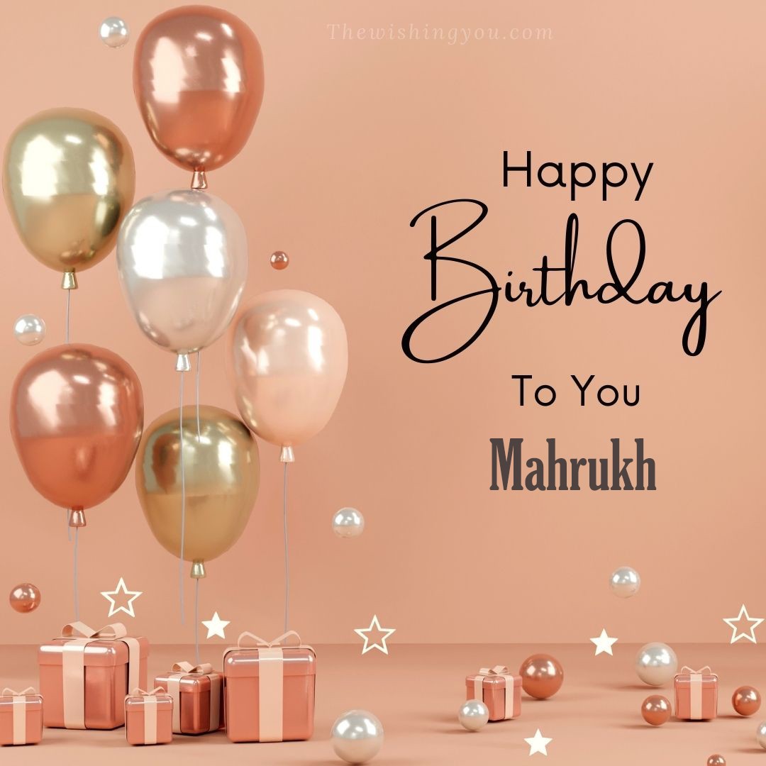Happy birthday Mahrukh written on image Light Yello and white and pink Balloons with many gift box Pink Background