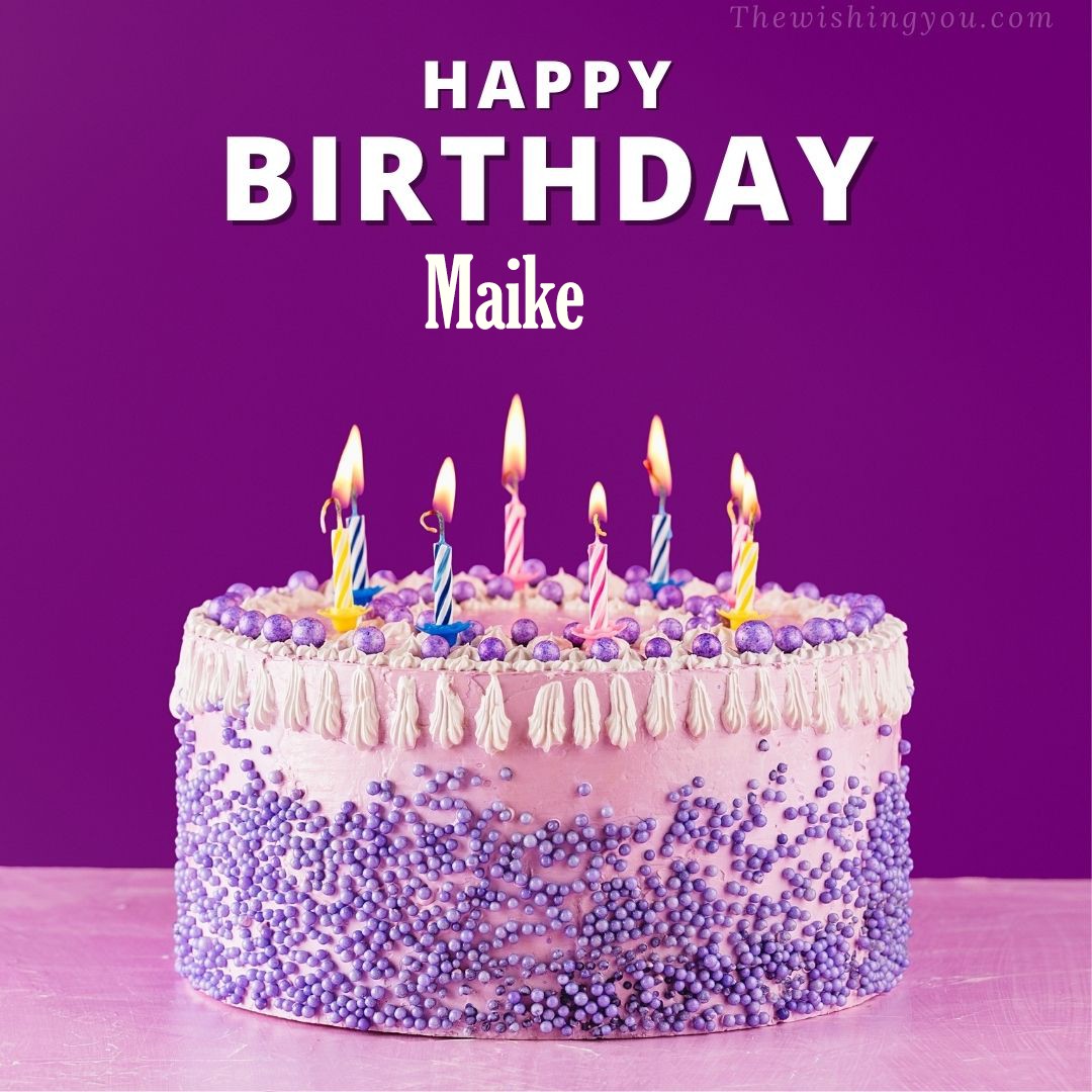 Happy birthday Maike written on image White and blue cake and burning candles Violet background