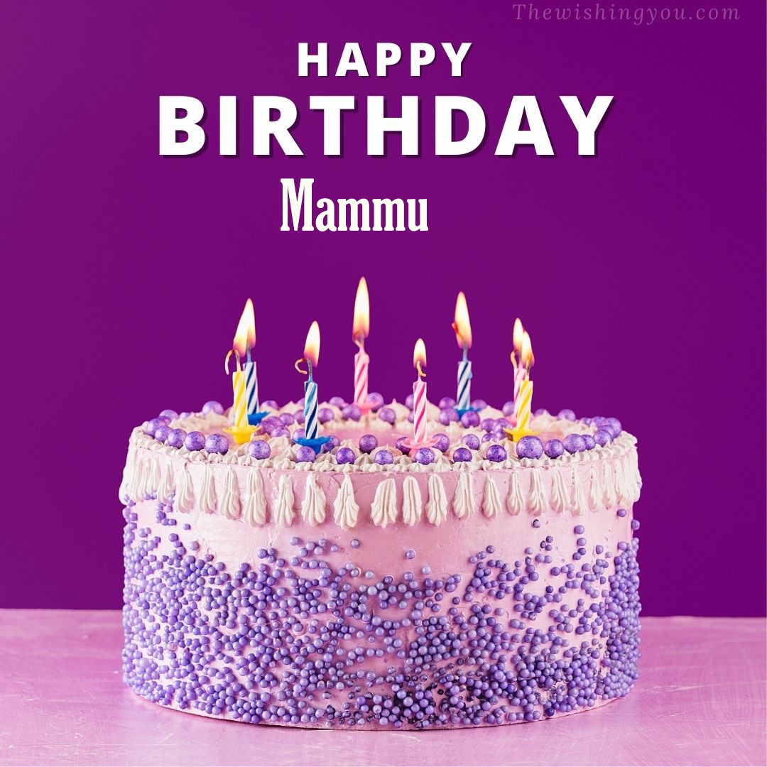 Happy birthday Mammu written on image White and blue cake and burning candles Violet background