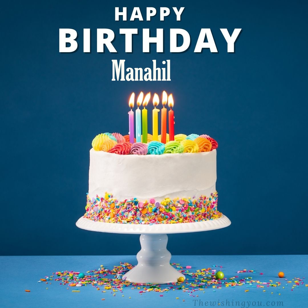 Happy birthday Manahil written on image White cake keep on White stand and burning candles Sky background