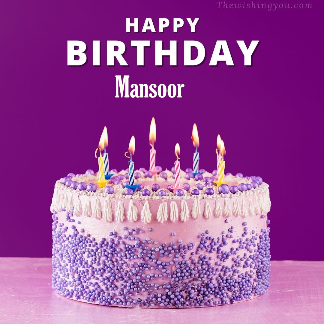 Happy birthday Mansoor written on image White and blue cake and burning candles Violet background