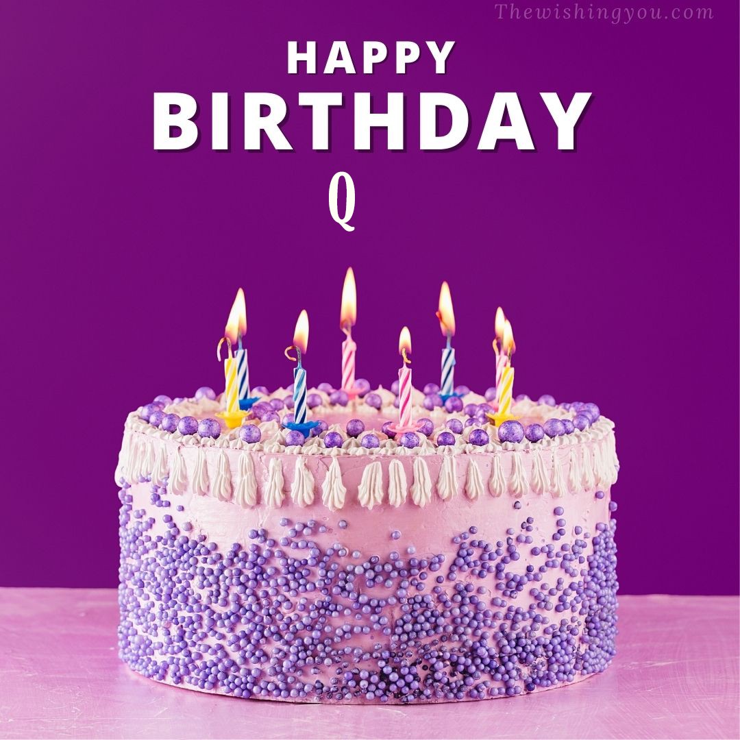 Happy birthday Q written on image White and blue cake and burning candles Violet background