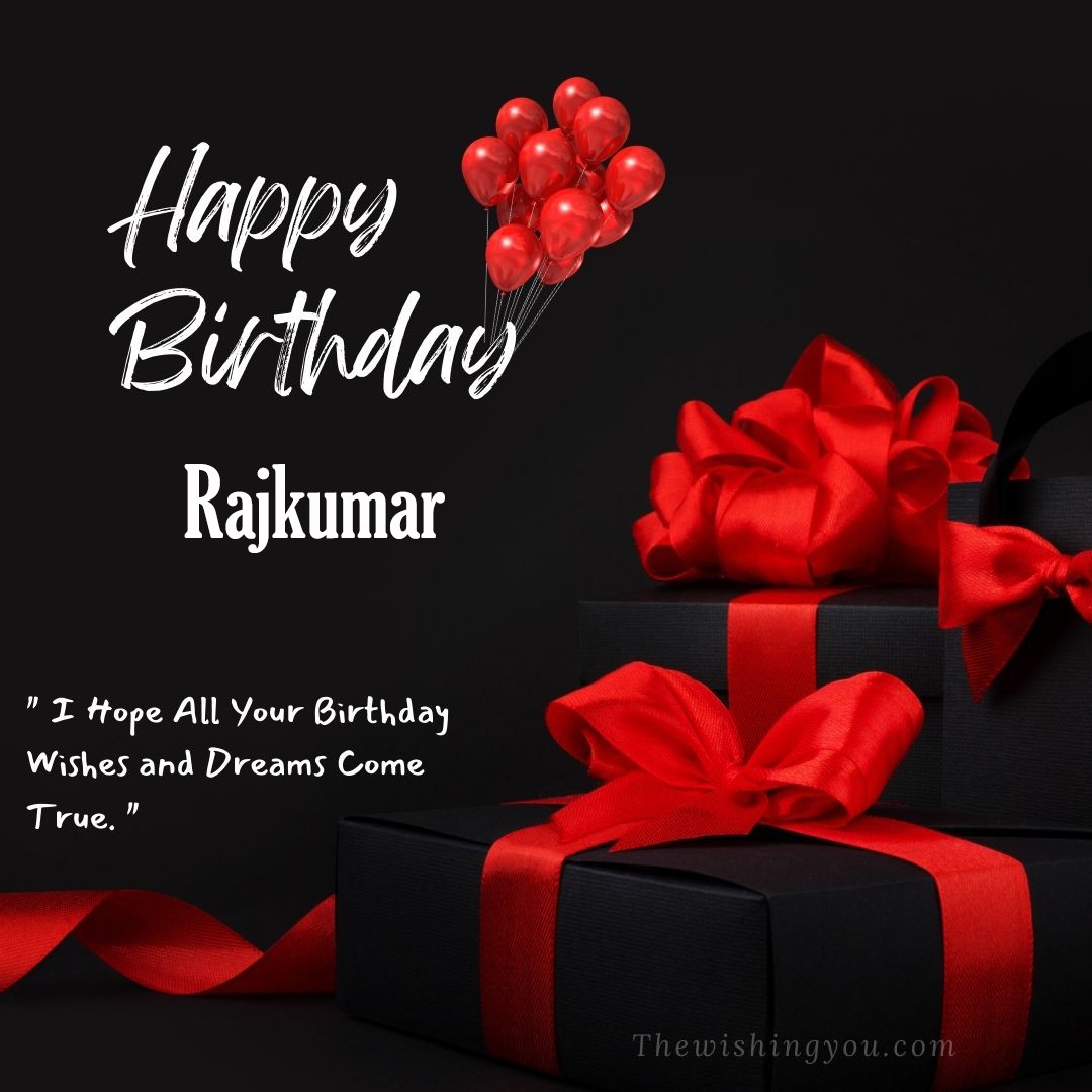 Happy birthday Rajkumar written on image red ballons and gift box with red ribbon Dark Black background