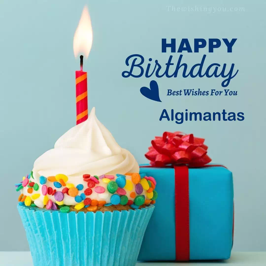Happy Birthday Algimantas written on image, Blue Cup cake and burning candle blue Gift boxes with red ribon