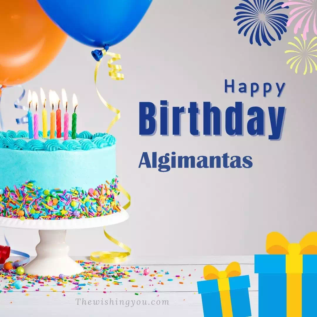 Happy Birthday Algimantas written on image, White cake keep on White stand and blue gift boxes with Yellow ribon with Sky background