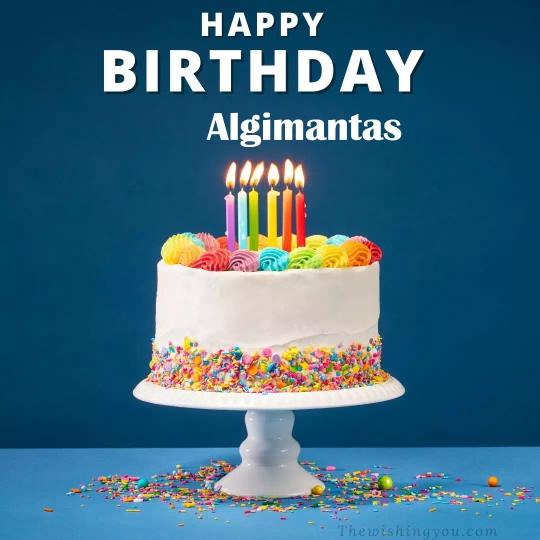 Happy Birthday Algimantas written on image, White cake keep on White stand and burning candles Sky background