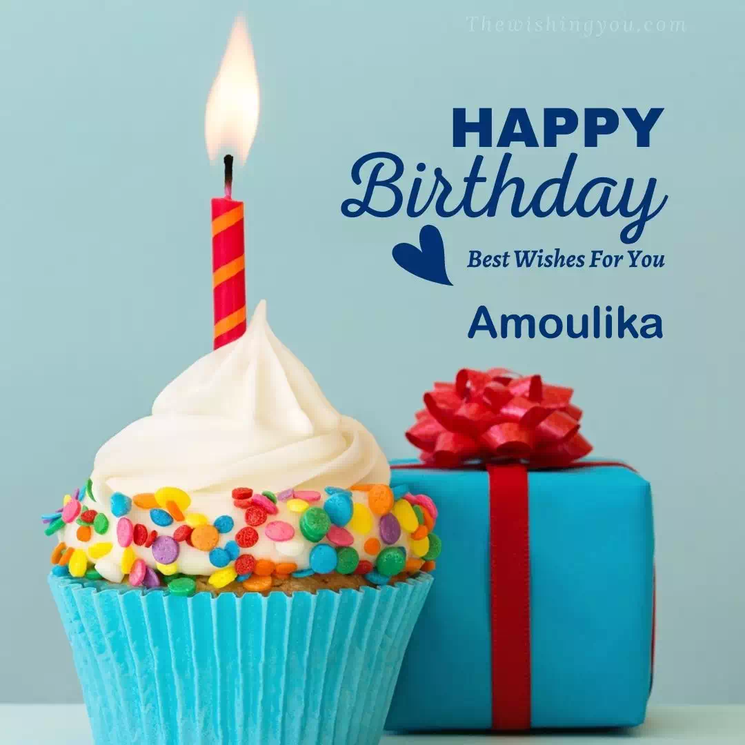 Happy Birthday Amoulika written on image, Blue Cup cake and burning candle blue Gift boxes with red ribon