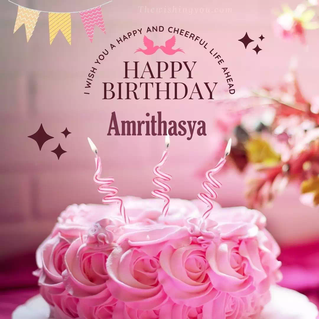 Happy Birthday Amrithasya written on image, Light Pink Chocolate Cake and candle, Star
