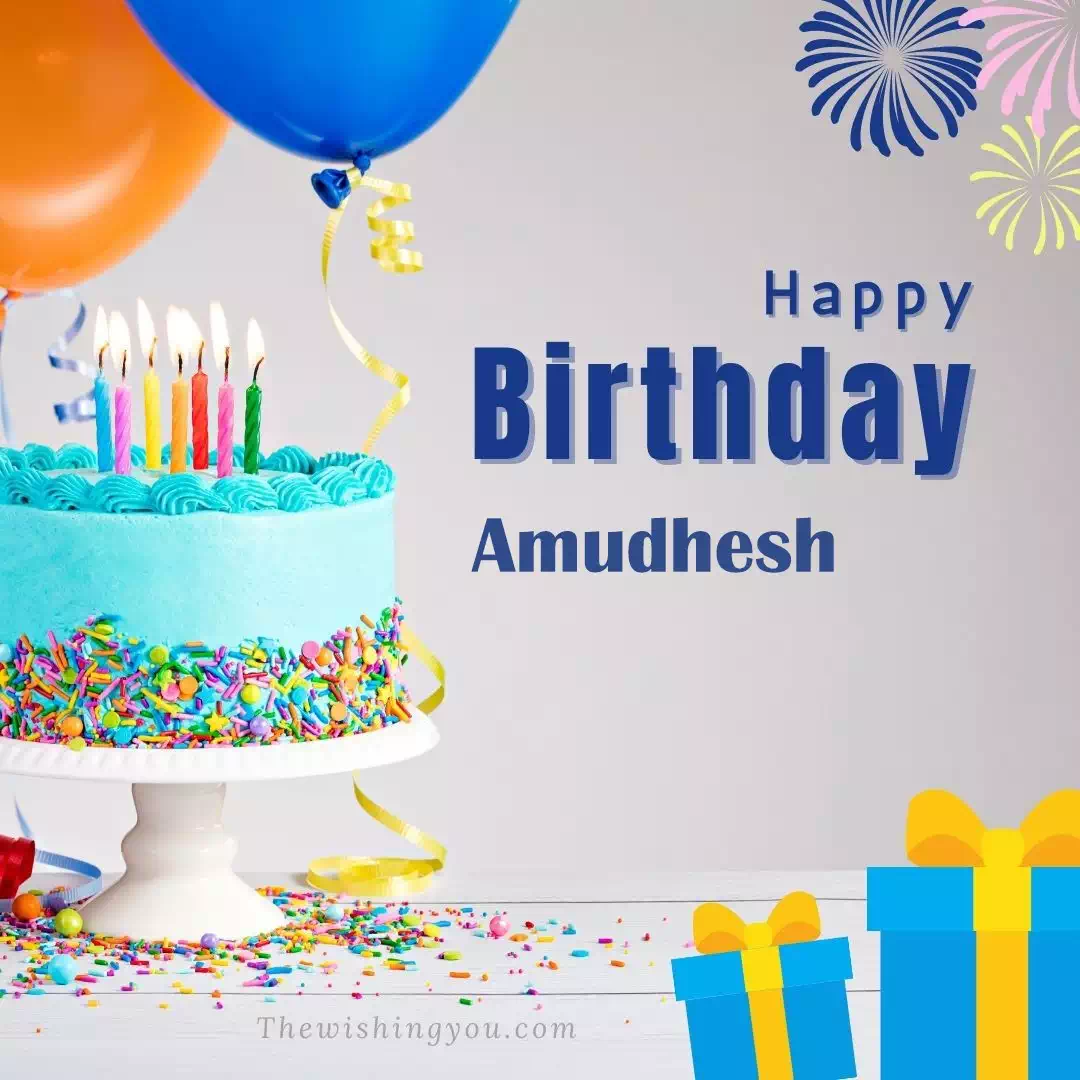 Happy Birthday Amudhesh written on image, White cake keep on White stand and blue gift boxes with Yellow ribon with Sky background