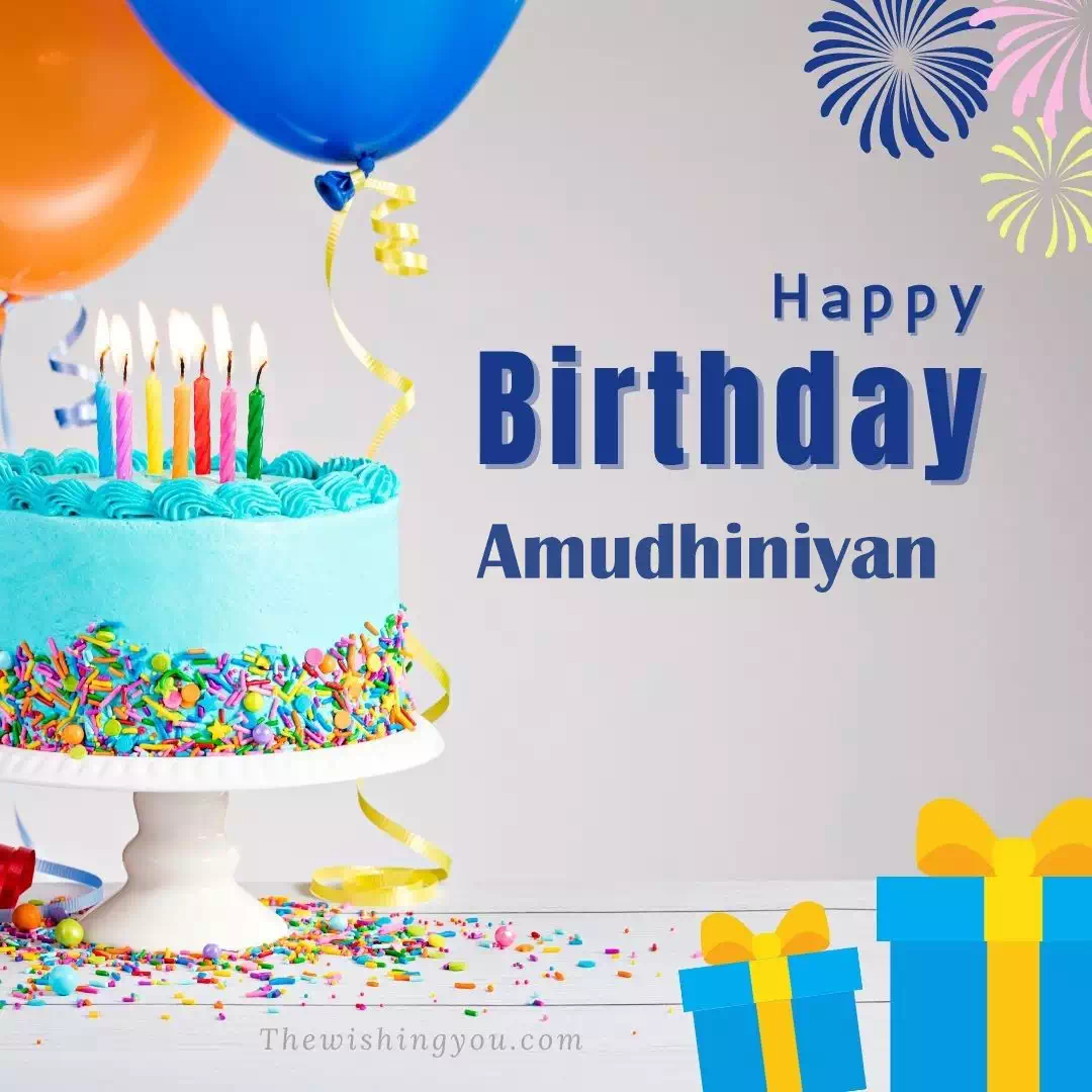 Happy Birthday Amudhiniyan written on image, White cake keep on White stand and blue gift boxes with Yellow ribon with Sky background