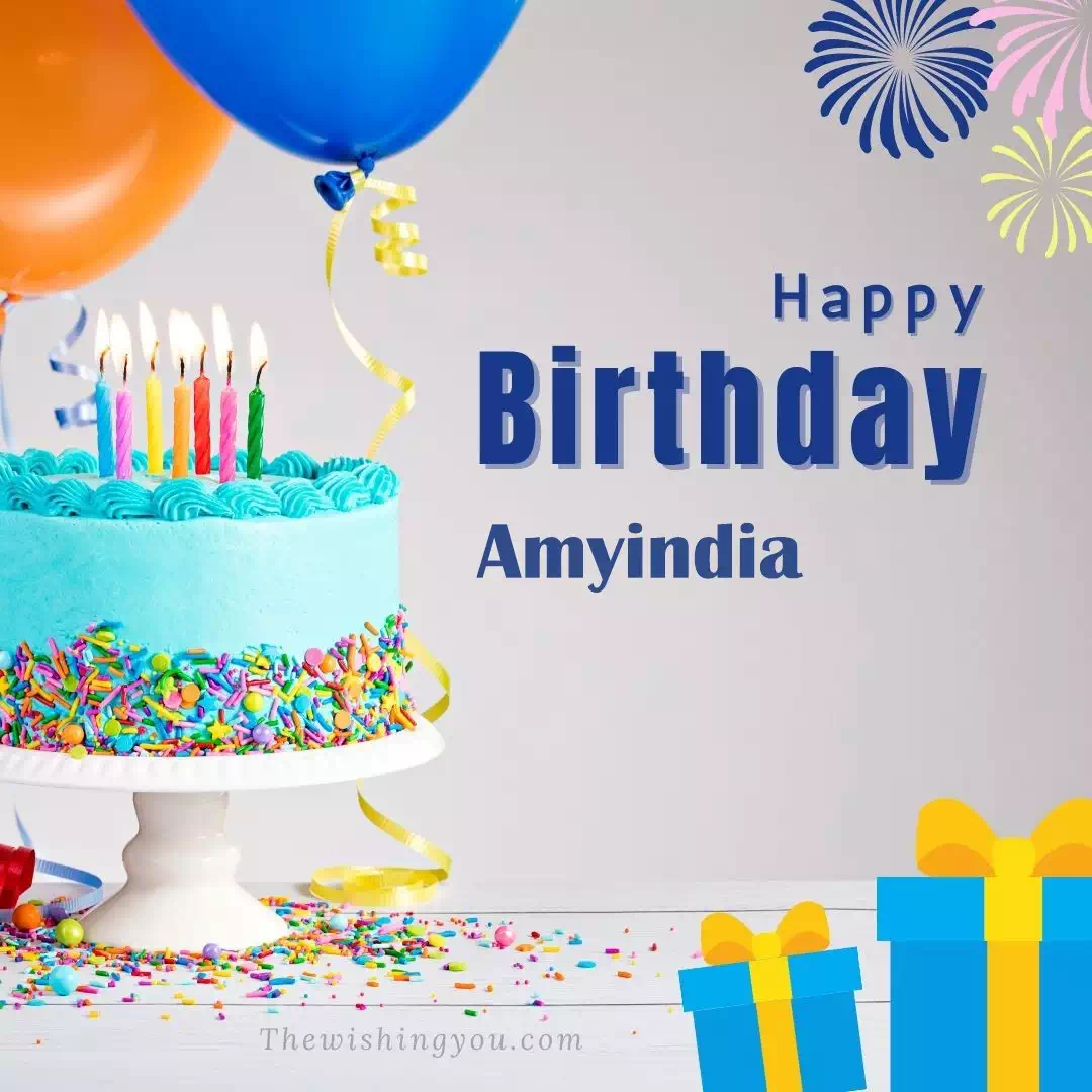 Happy Birthday Amyindia written on image, White cake keep on White stand and blue gift boxes with Yellow ribon with Sky background