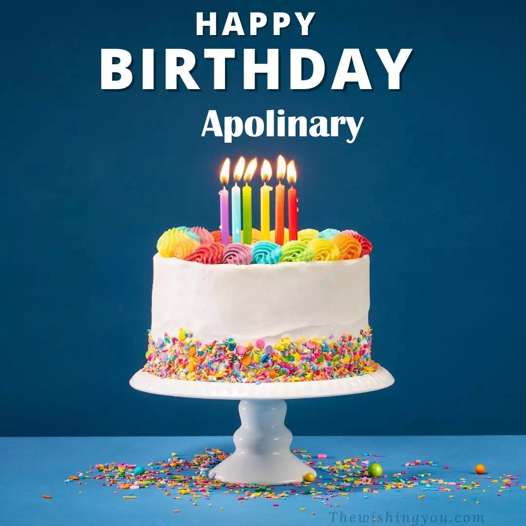 Happy Birthday Apolinary written on image, White cake keep on White stand and burning candles Sky background