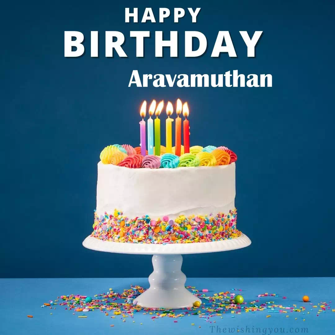 Happy Birthday Aravamuthan written on image, White cake keep on White stand and burning candles Sky background