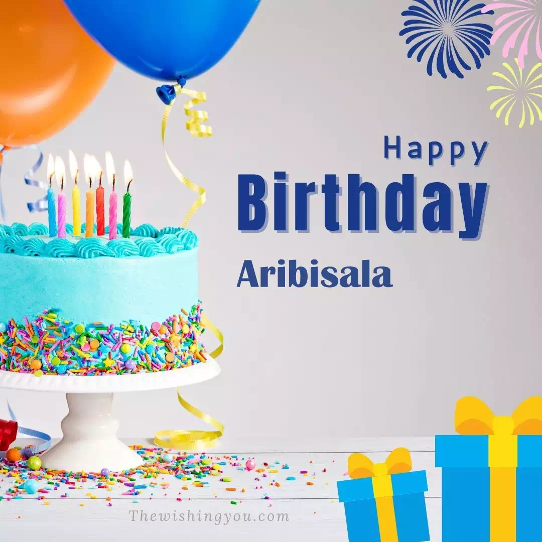 Happy Birthday Aribisala written on image, White cake keep on White stand and blue gift boxes with Yellow ribon with Sky background