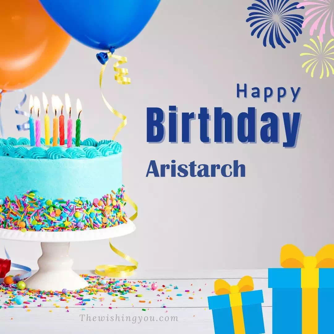 Happy Birthday Aristarch written on image, White cake keep on White stand and blue gift boxes with Yellow ribon with Sky background