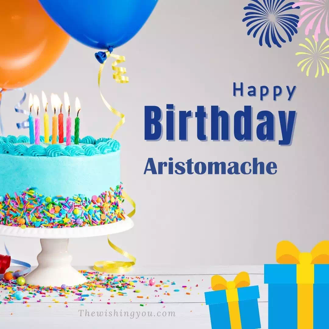 Happy Birthday Aristomache written on image, White cake keep on White stand and blue gift boxes with Yellow ribon with Sky background